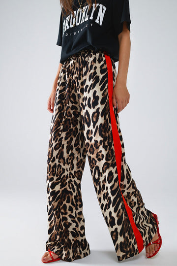 Leopard Straight Leg Pants With Red Stripes