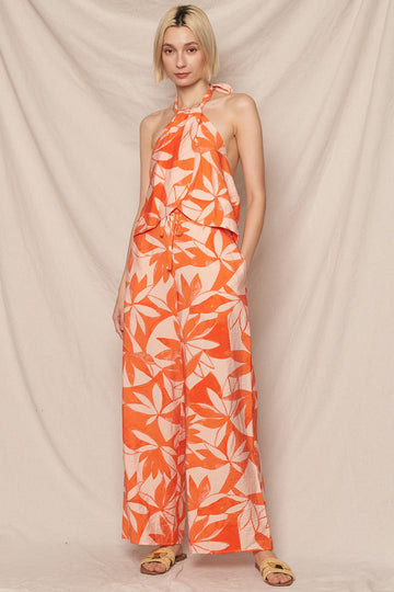 Orange Printed Halter Neck Top and Wide Leg Pants Set