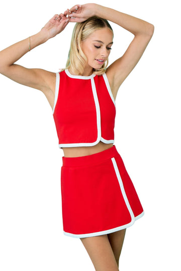 Red and White Contrasting Stripe Mini Skirt Set