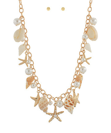 Shells, Pearls and Starfish Charm Necklace