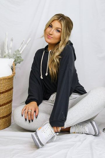 Brushed Balloon Sleeve Cropped Hoodie - Charcoal