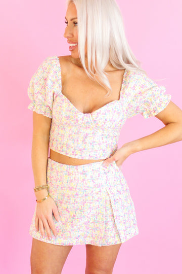 Cream Multi Color Tweed Side Slit Skort