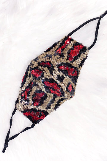 Crimson Red And Gold Leopard Sequin Face Mask