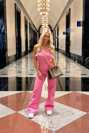 Hot Pink Denim Wide Leg Jumpsuit