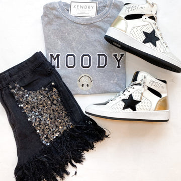 Moody Rhinestone Smiley Face Graphic Tee
