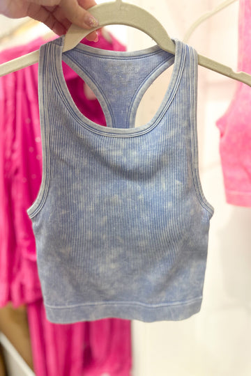 Sky Blue Acid Wash Racer Back Ribbed Tank Top