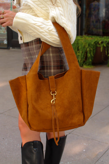 Camel Suede Front Buckle Tote Bag