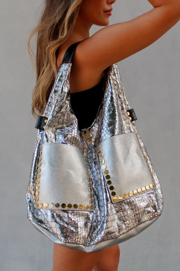 Silver Metallic Slouchy Hobo Bag With Black Front Pockets
