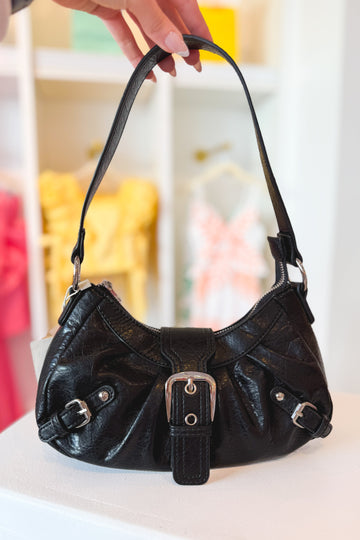 Black Crescent Shaped Faux Leather Buckle Detail Shoulder Bag