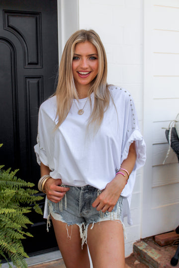White Oversized Studded Detail Top