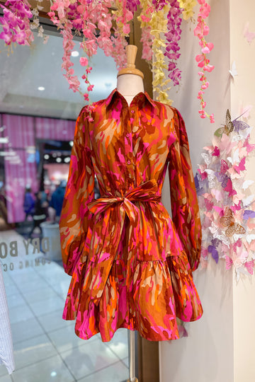 Pink Multi Color Printed Button Down Dress