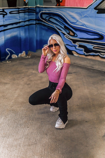 Pink Long Sleeve Embossed Crop Top