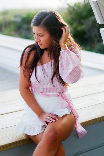 Pink Plaid One Shoulder Side Tie Top