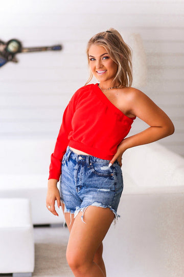 Crimson Red One Shoulder Sweatshirt
