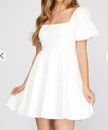 White Jacquard Floral Puff Sleeve Mini Dress