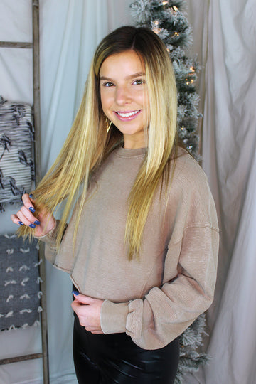 Tan Cropped Mineral Wash Pullover