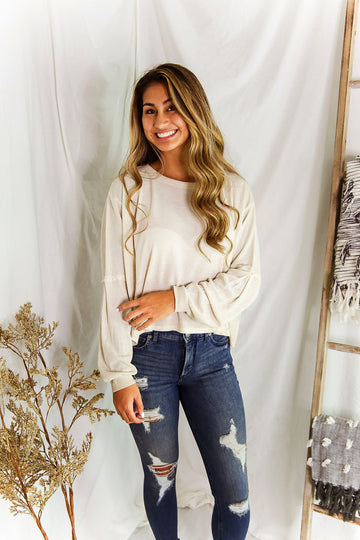 Oatmeal Long Sleeve High Low Waffle Top
