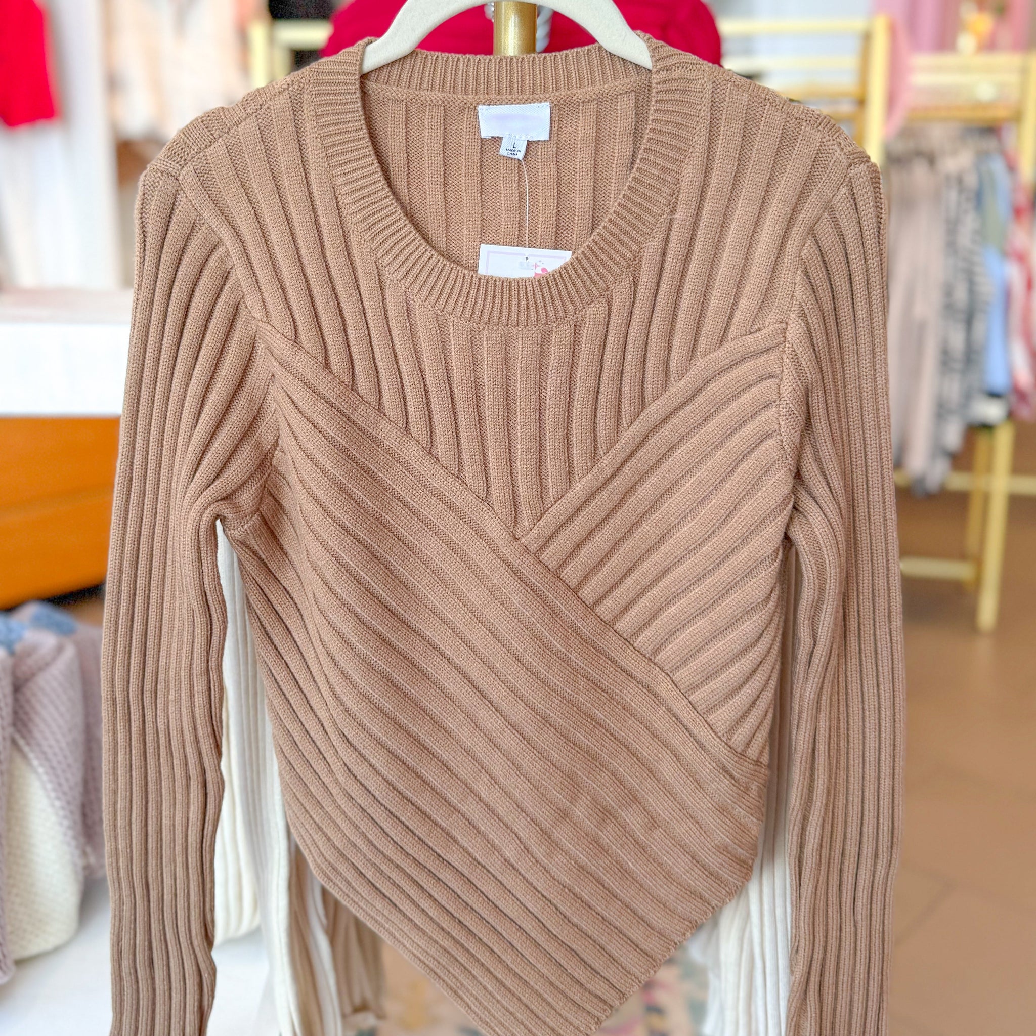Tan Ribbed Asymmetrical Knit Sweater Top