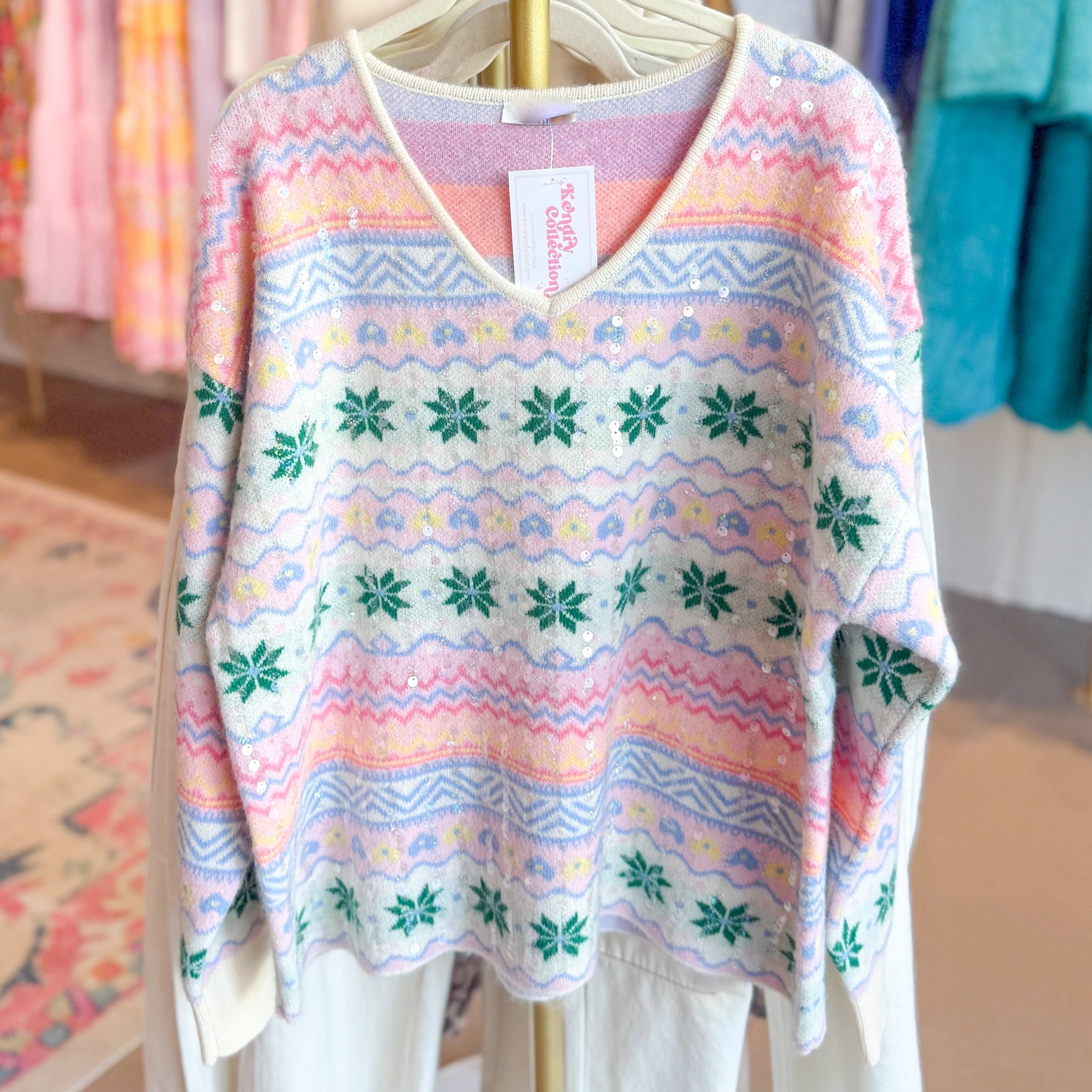 Pastel Sequin Snowflake Pattern Holiday Sweater