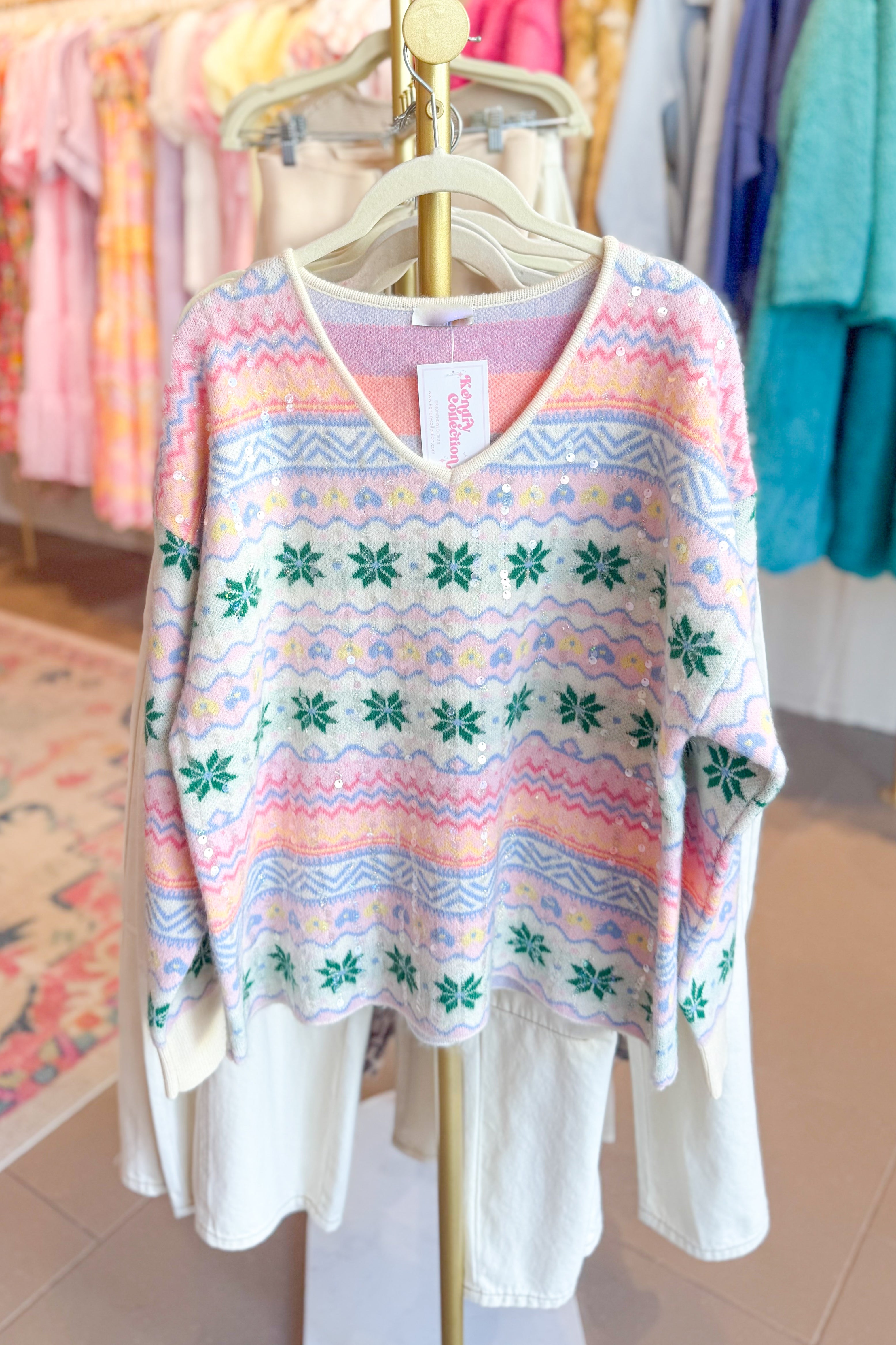 Pastel Sequin Snowflake Pattern Holiday Sweater