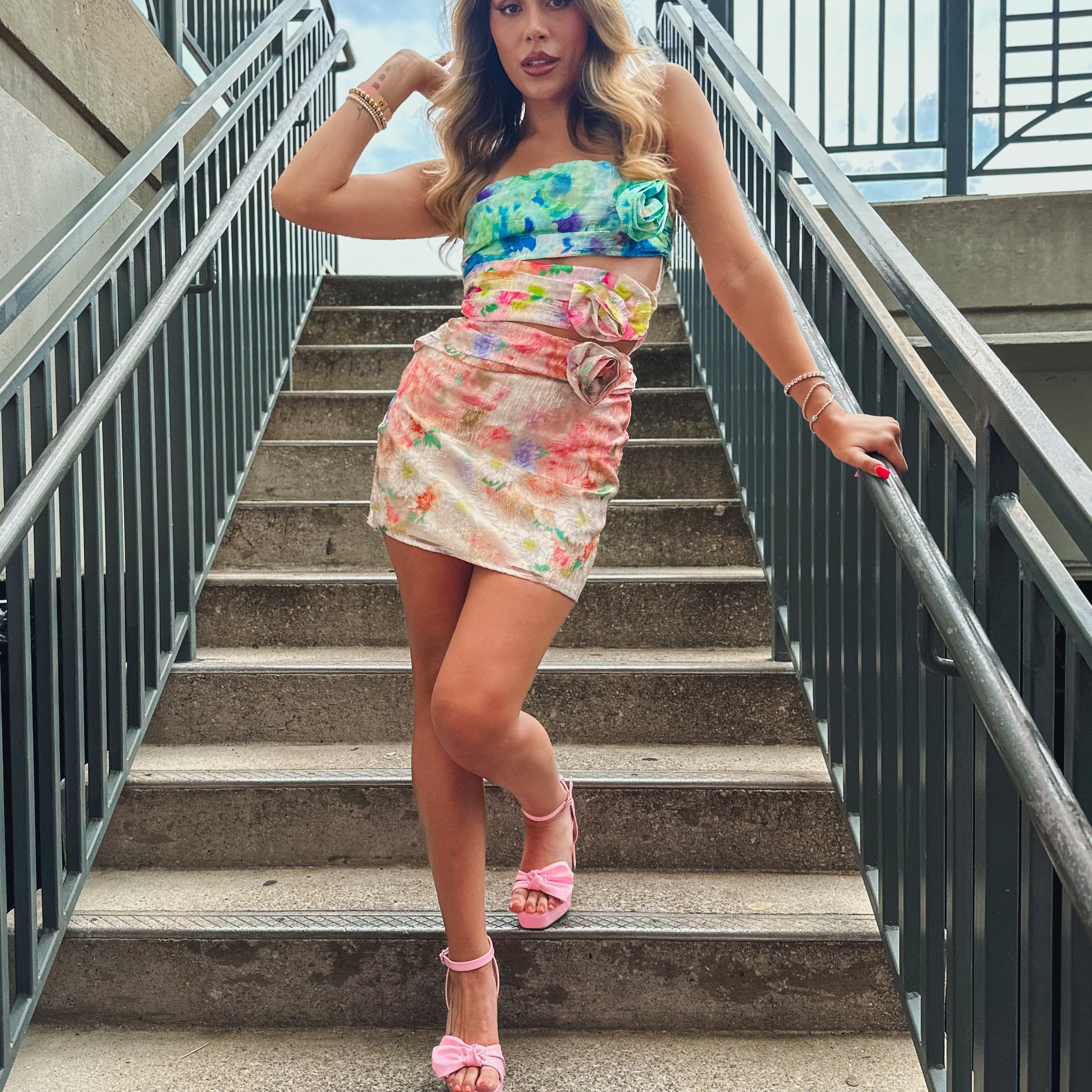 Multi Color Floral Jacquard Cut Out Rosette Mini Dress