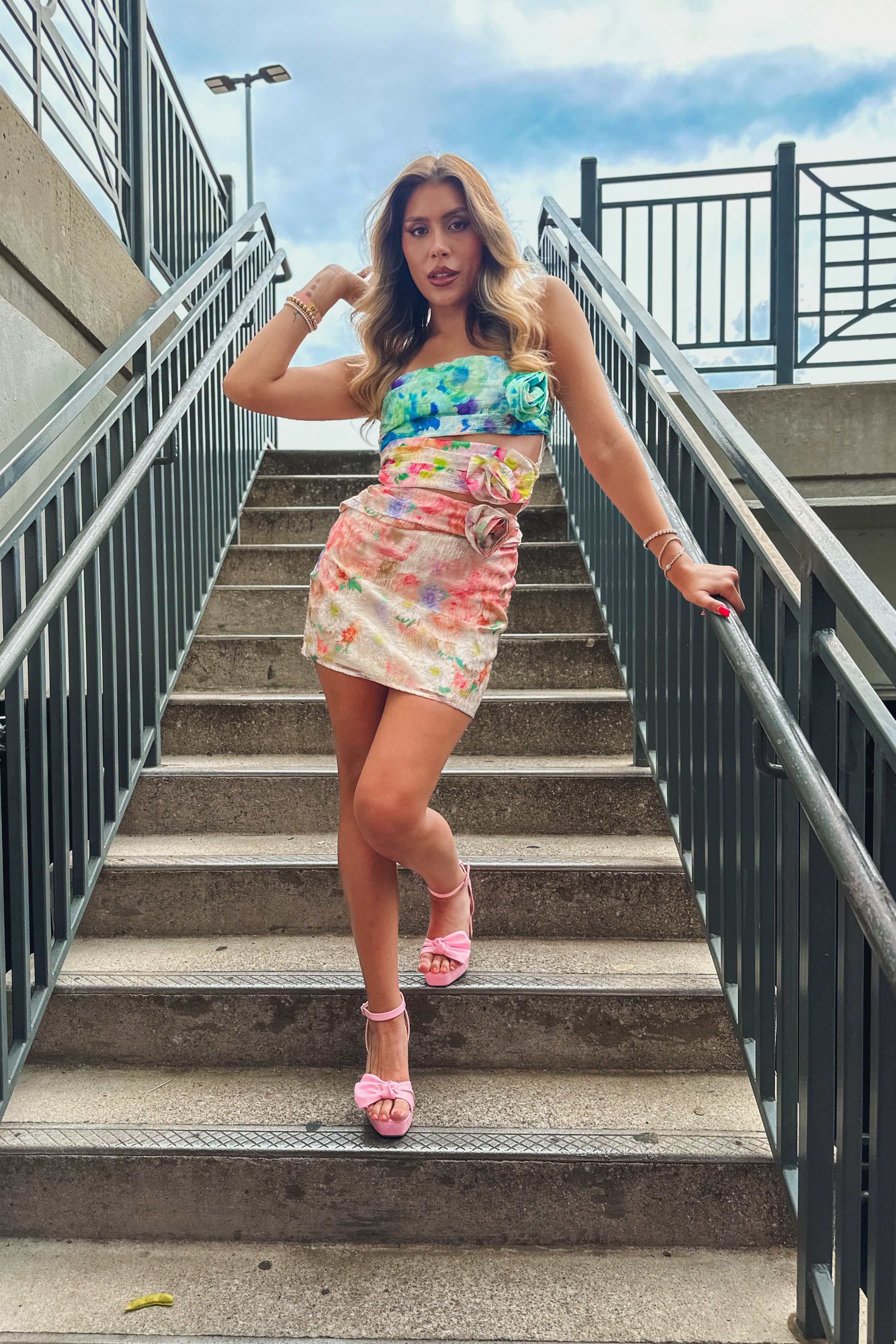 Multi Color Floral Jacquard Cut Out Rosette Mini Dress