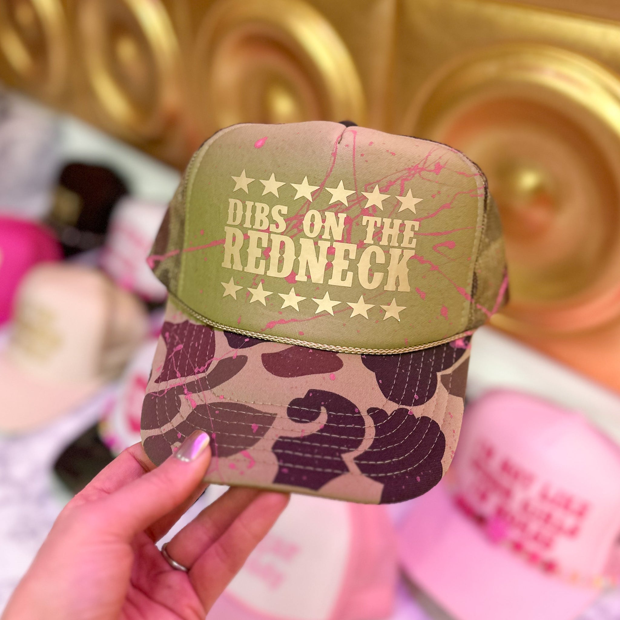 Dibs On The Redneck Camo Pink Splatter Trucker Hat