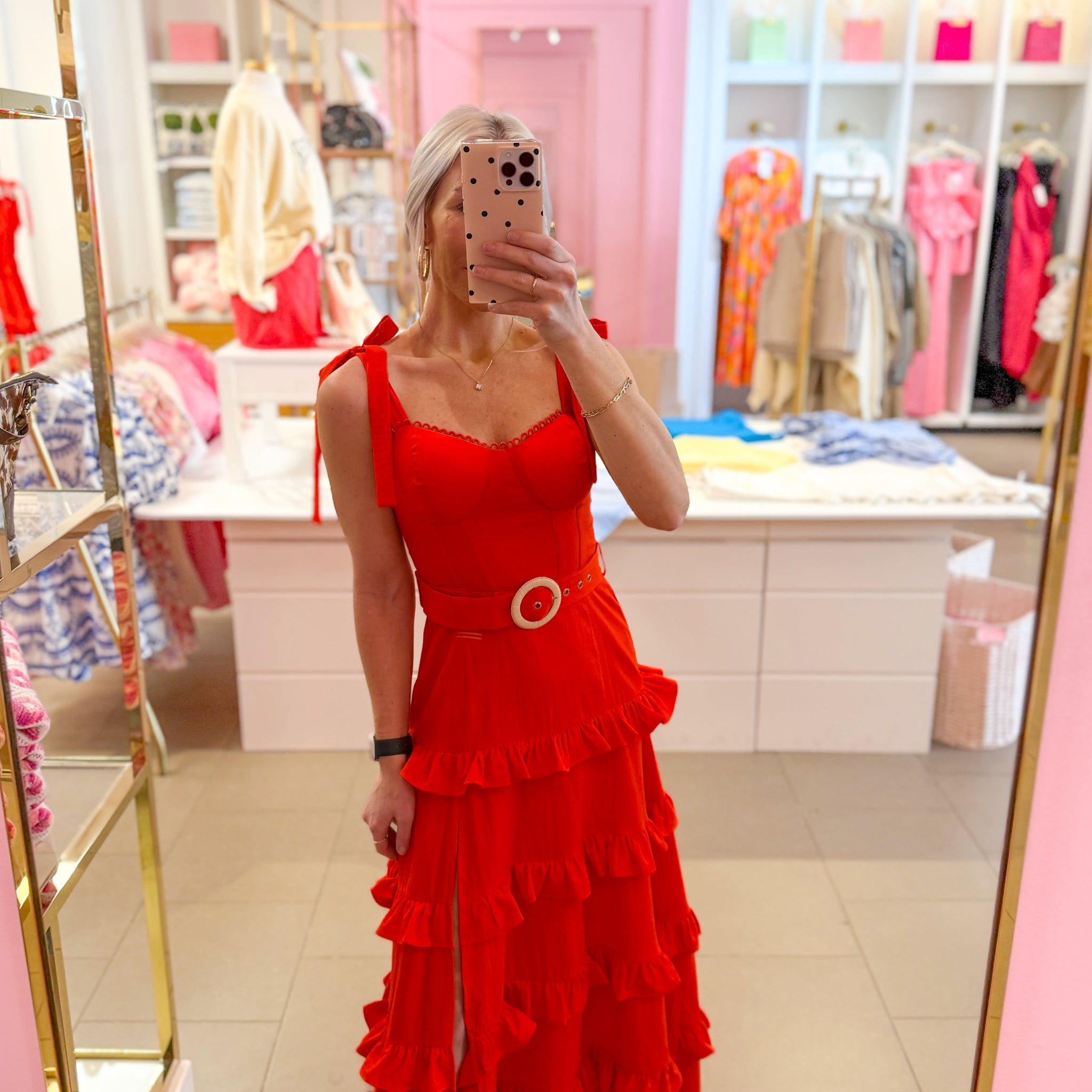 Red Tiered Ruffle Tie Top Maxi Dress