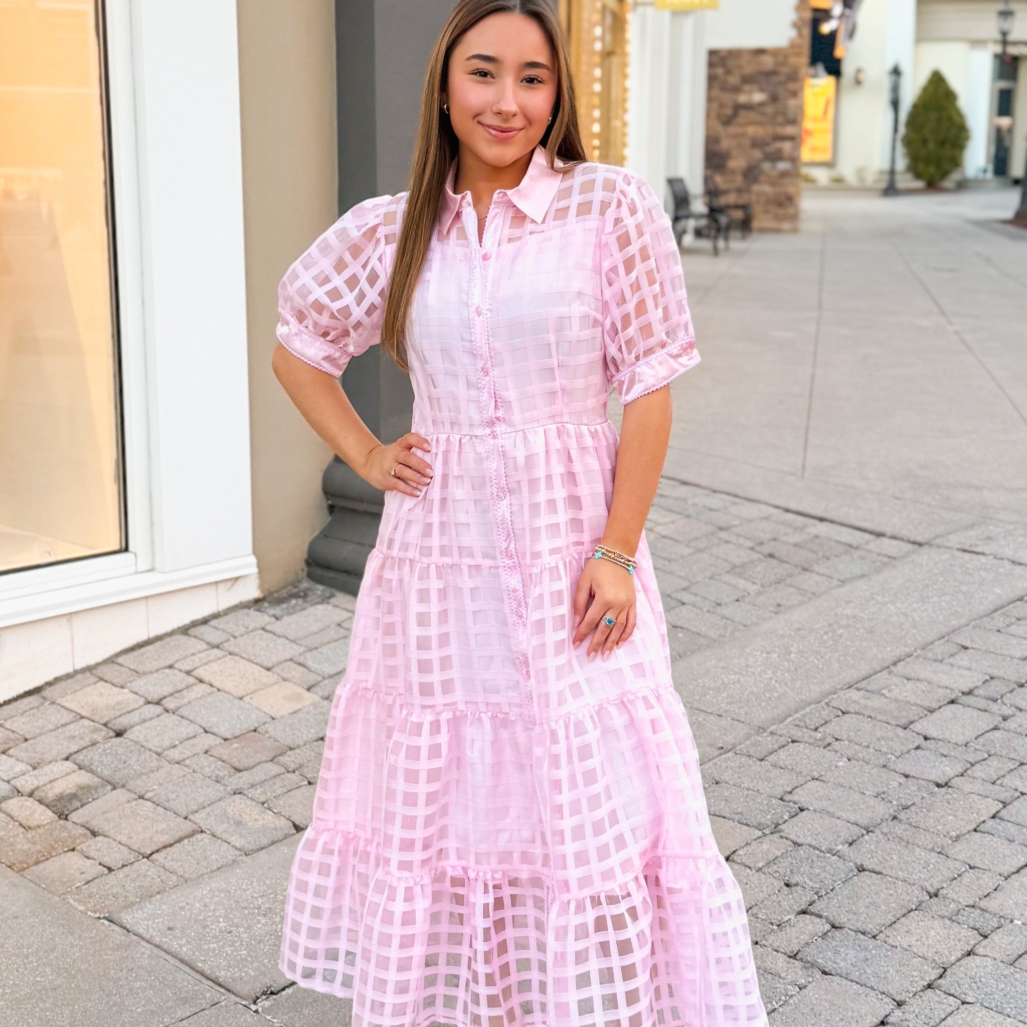 Baby Pink Plaid Sheer Puff Sleeve Midi Dress