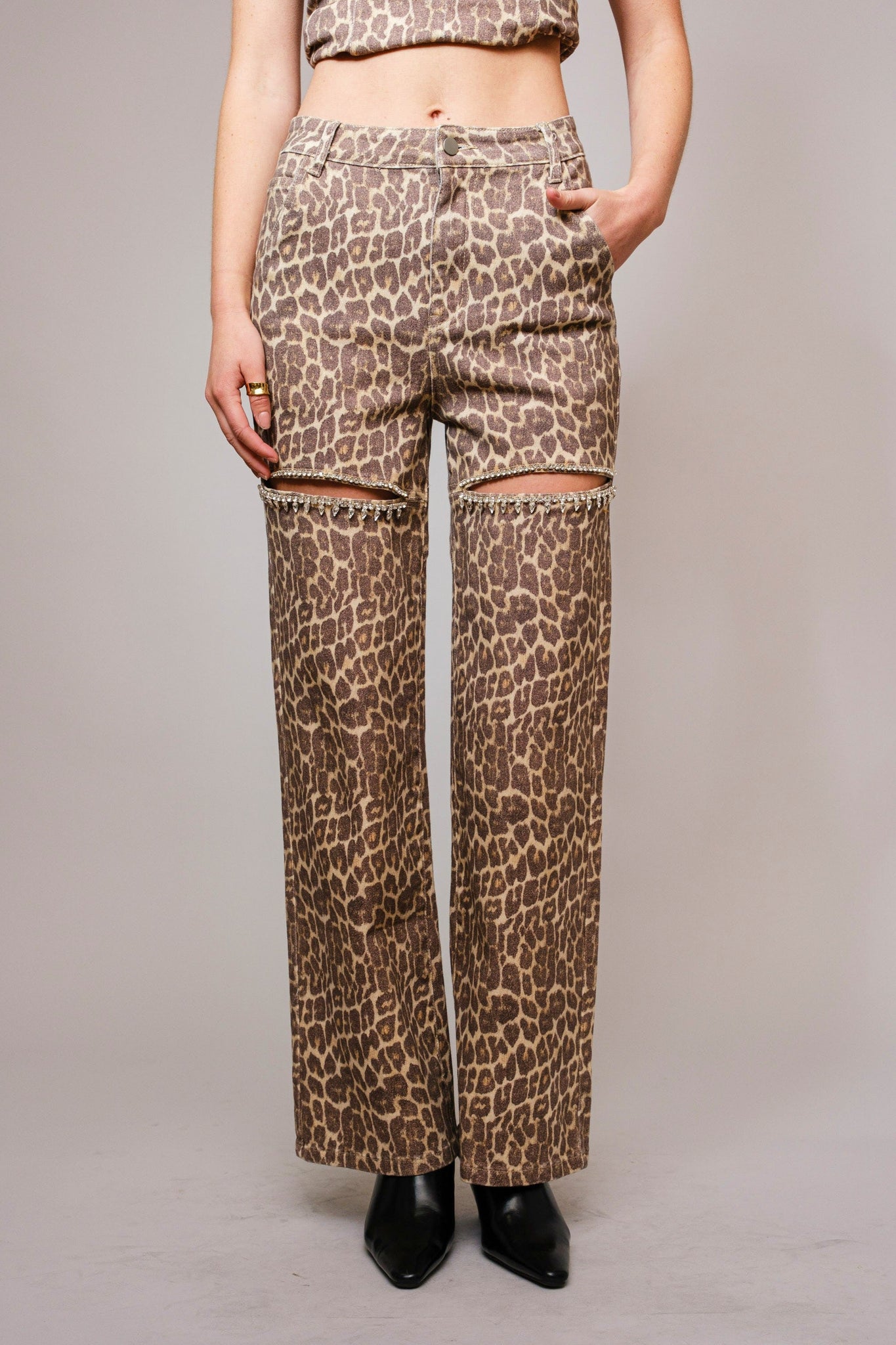 Swift Leopard Rhinestone Cut Out Jeans