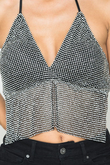Black and Silver Rhinestone Straight Cut Halter Neck Top