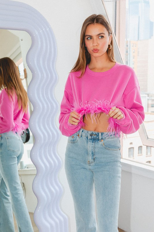 Pink Feather Trim Sweatshirt