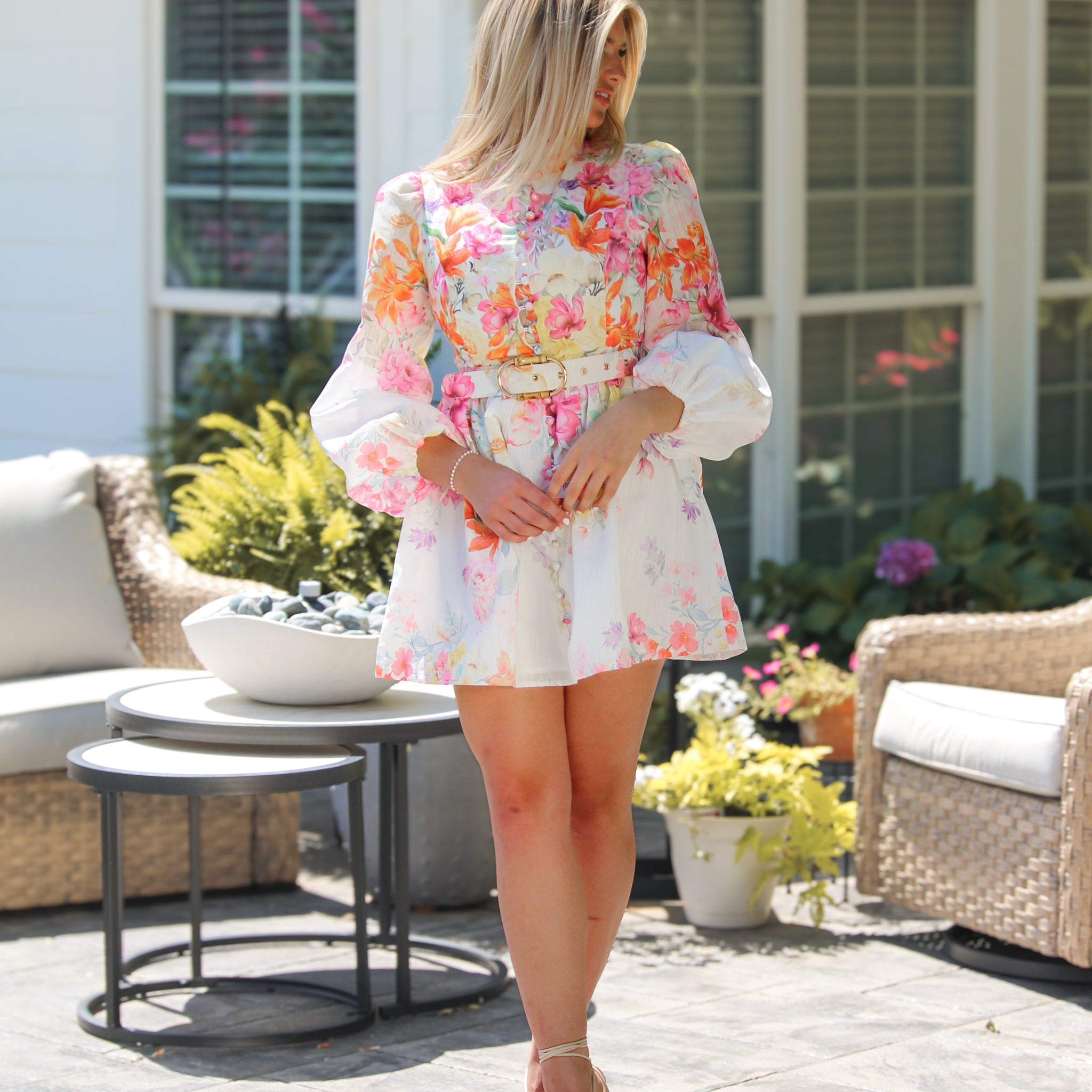 Floral Belted Button Down Long Sleeve Dress