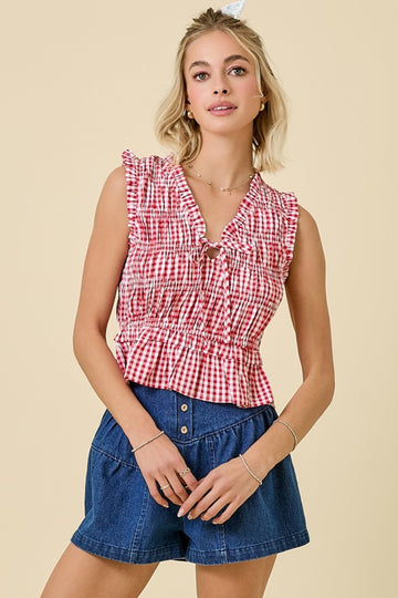 Red Gingham Smocked Tank Top With Front Ties