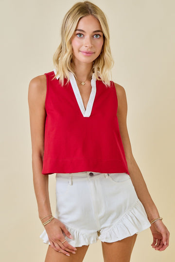 Red Sleeveless Contrasting Collar Blouse