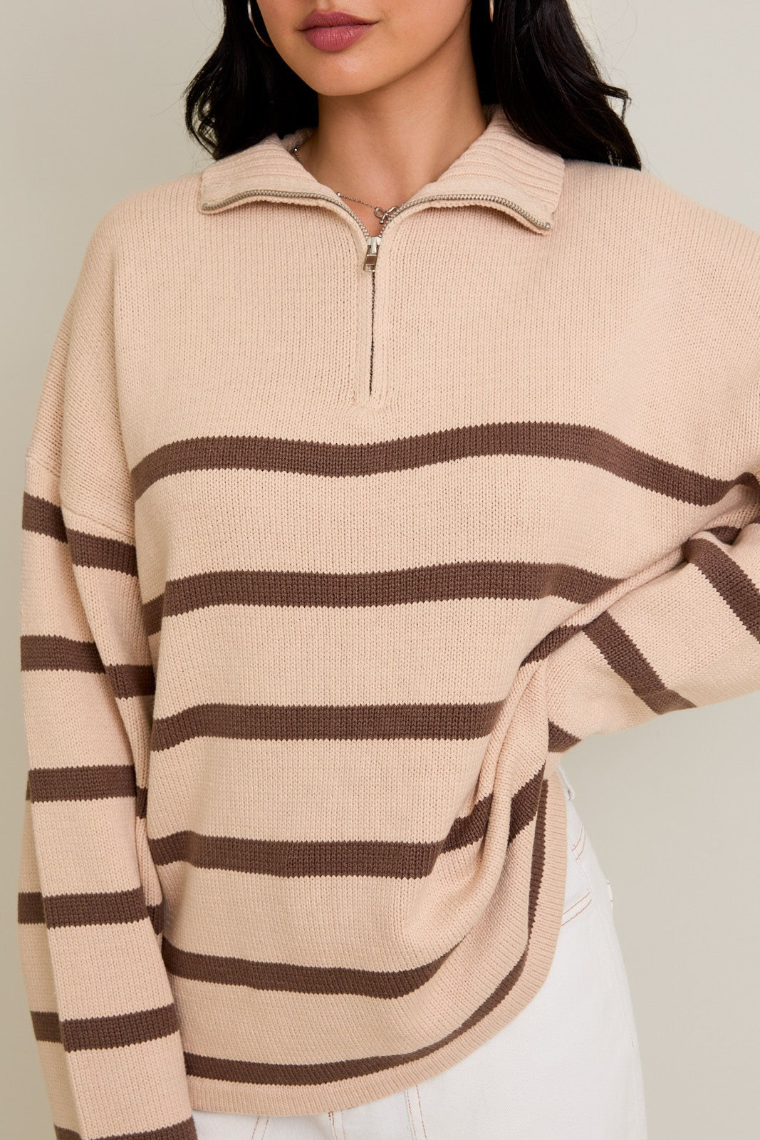 Brown Striped Quarter Zip Sweater