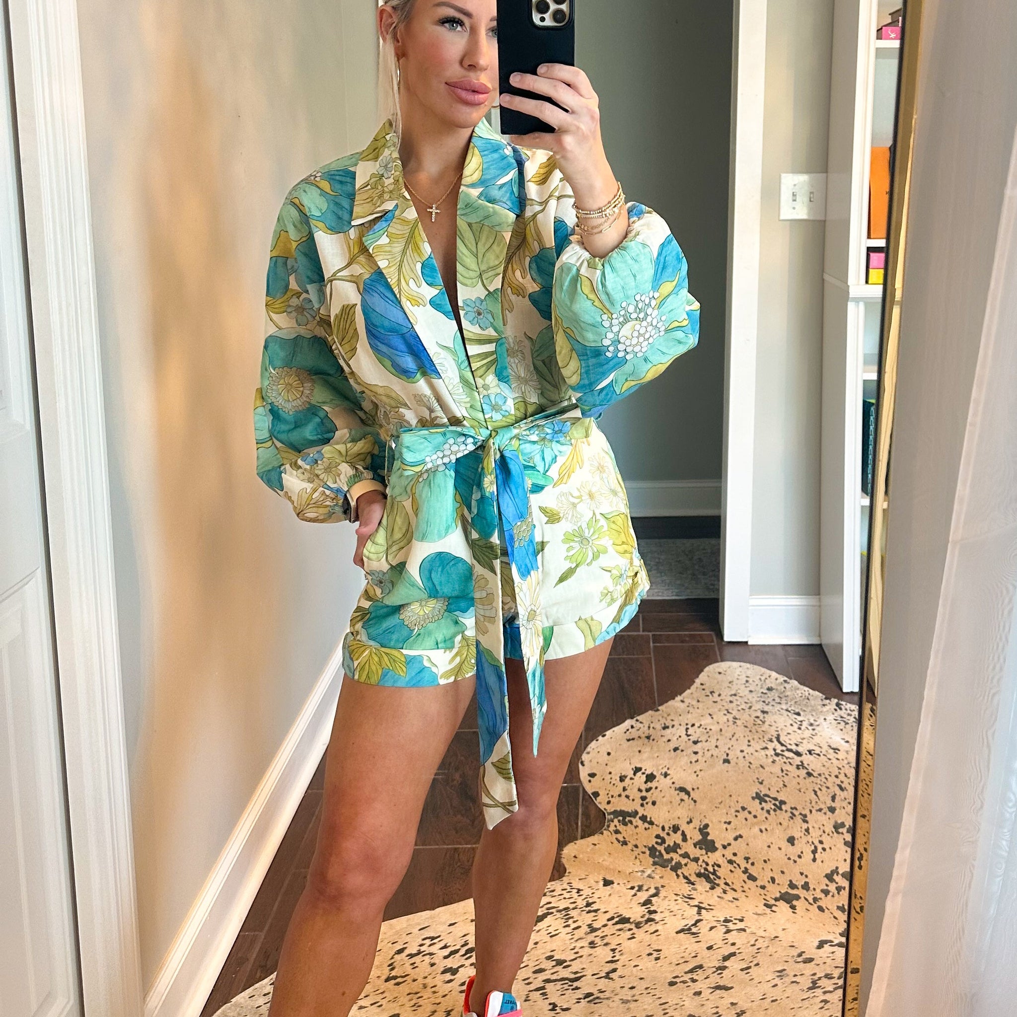 Blue and Green Floral V Romper