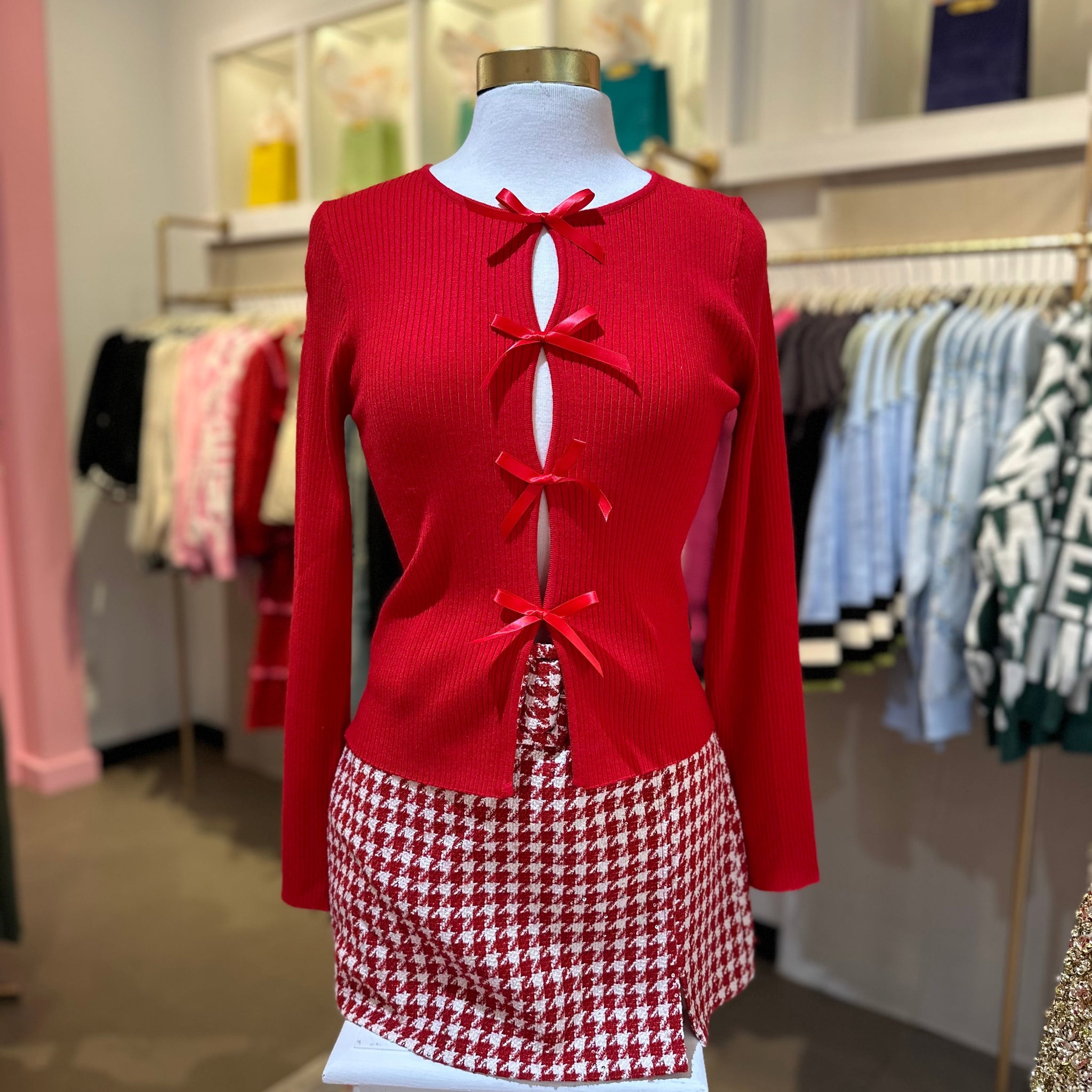 Red Houndstooth Belted Mini Skort