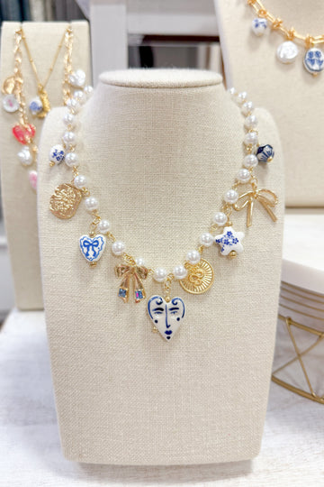 Blue & Bows Pearl Chain Charm Necklace