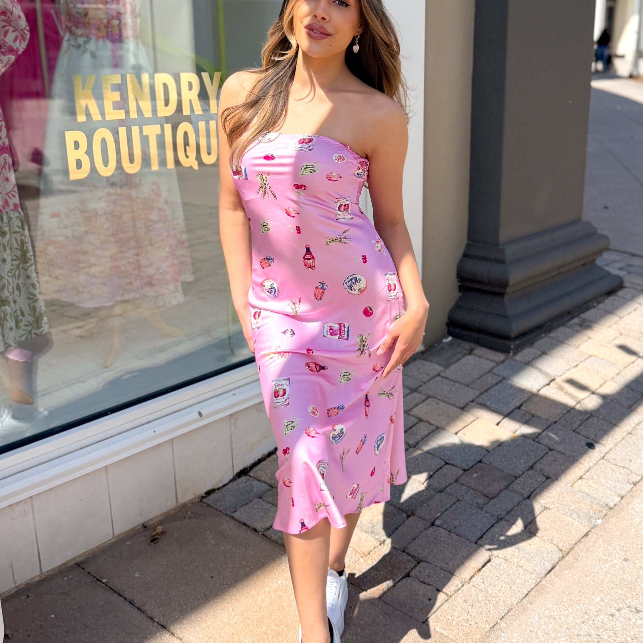 Pink Satin Produce Pattern Tube Midi Dress
