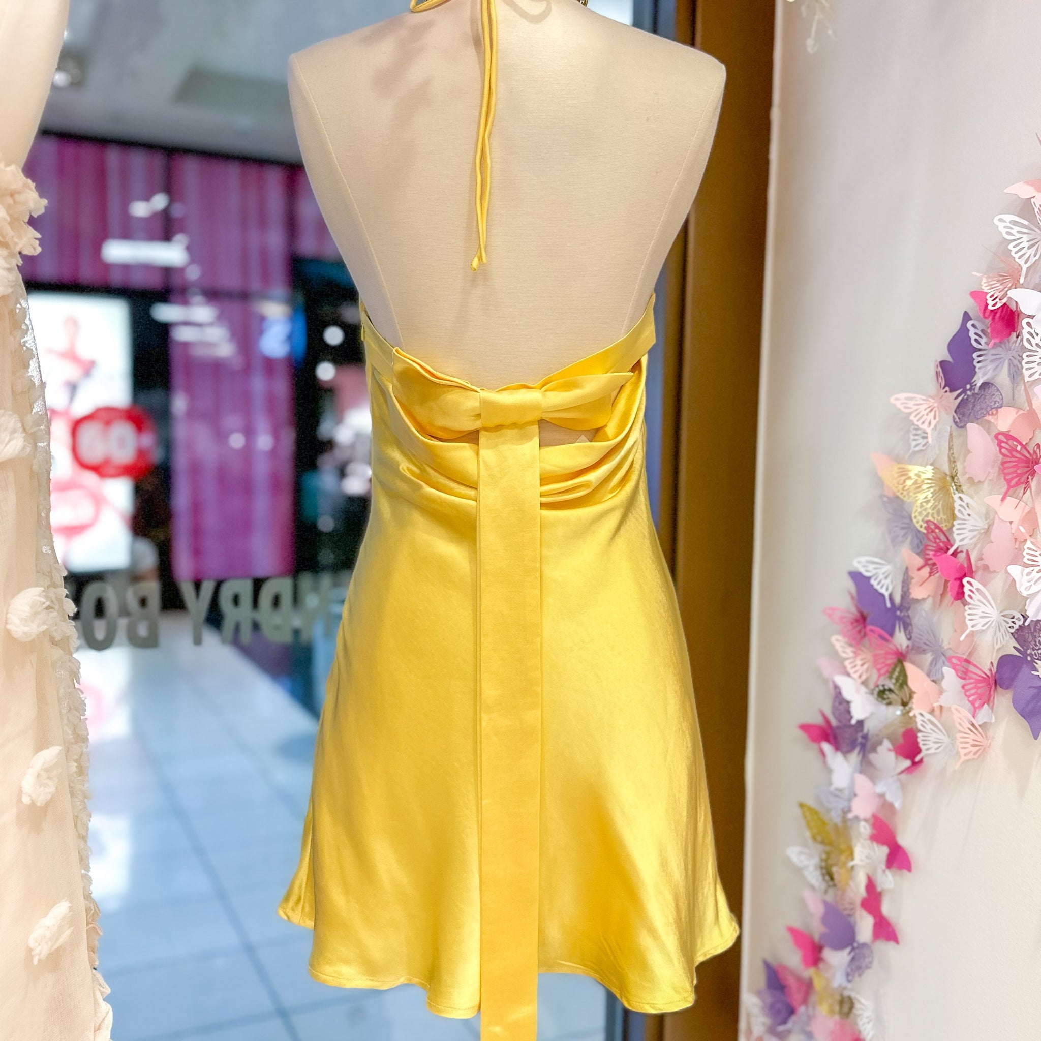 Lemon Yellow Bow Halter Mini Dress