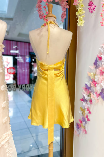 Lemon Yellow Bow Halter Mini Dress