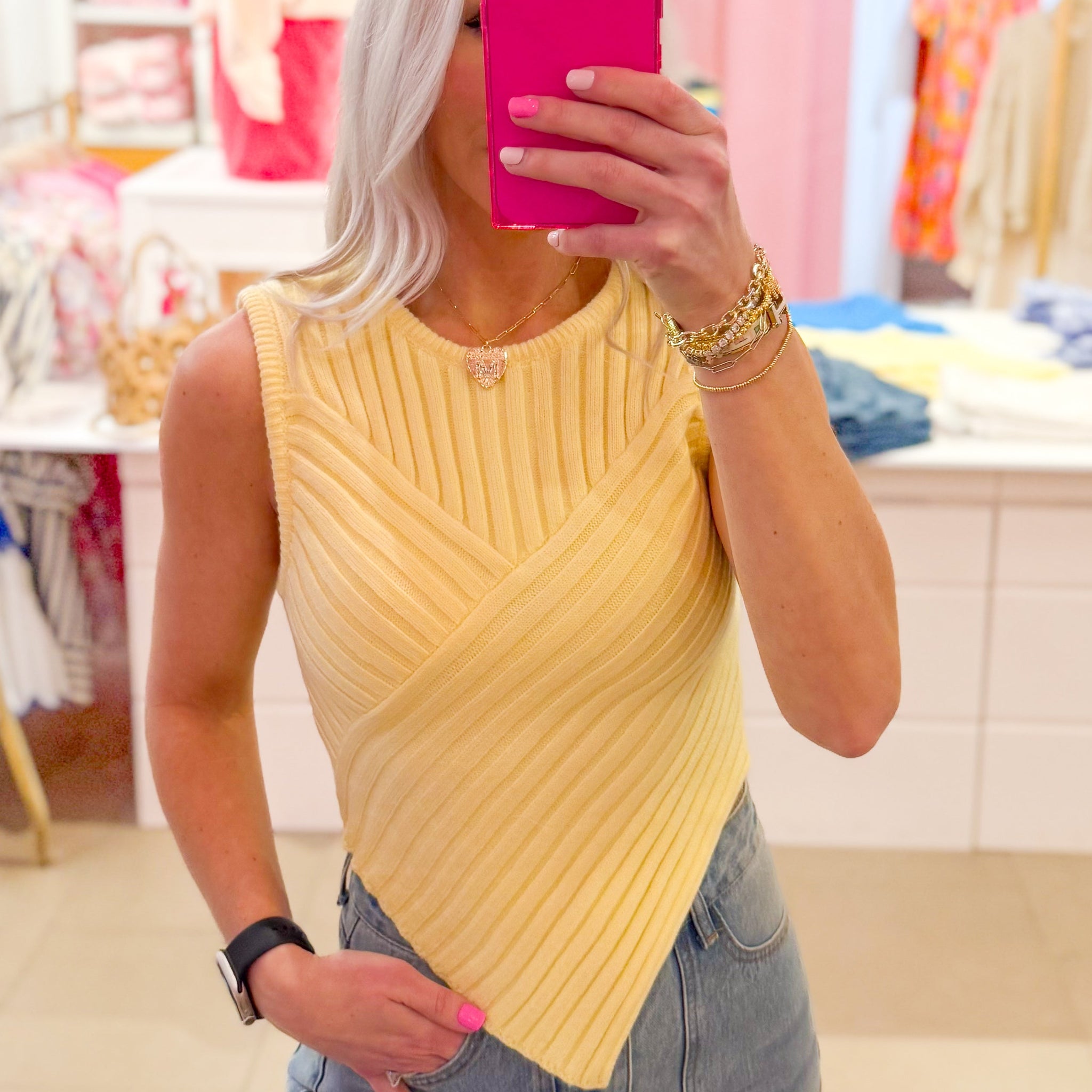 Yellow Ribbed Asymmetrical Sleeveless Sweater