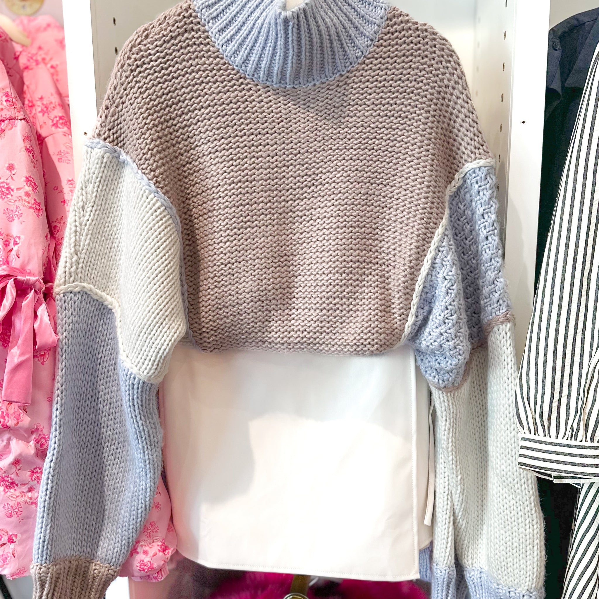 Blue and Cream Color Block Turtleneck Sweater