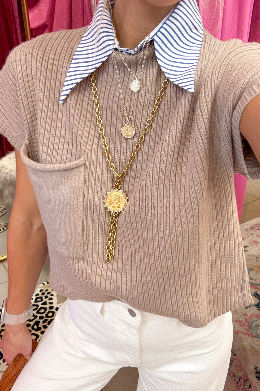 Light Mocha Mock Neck Ribbed Sweater Vest