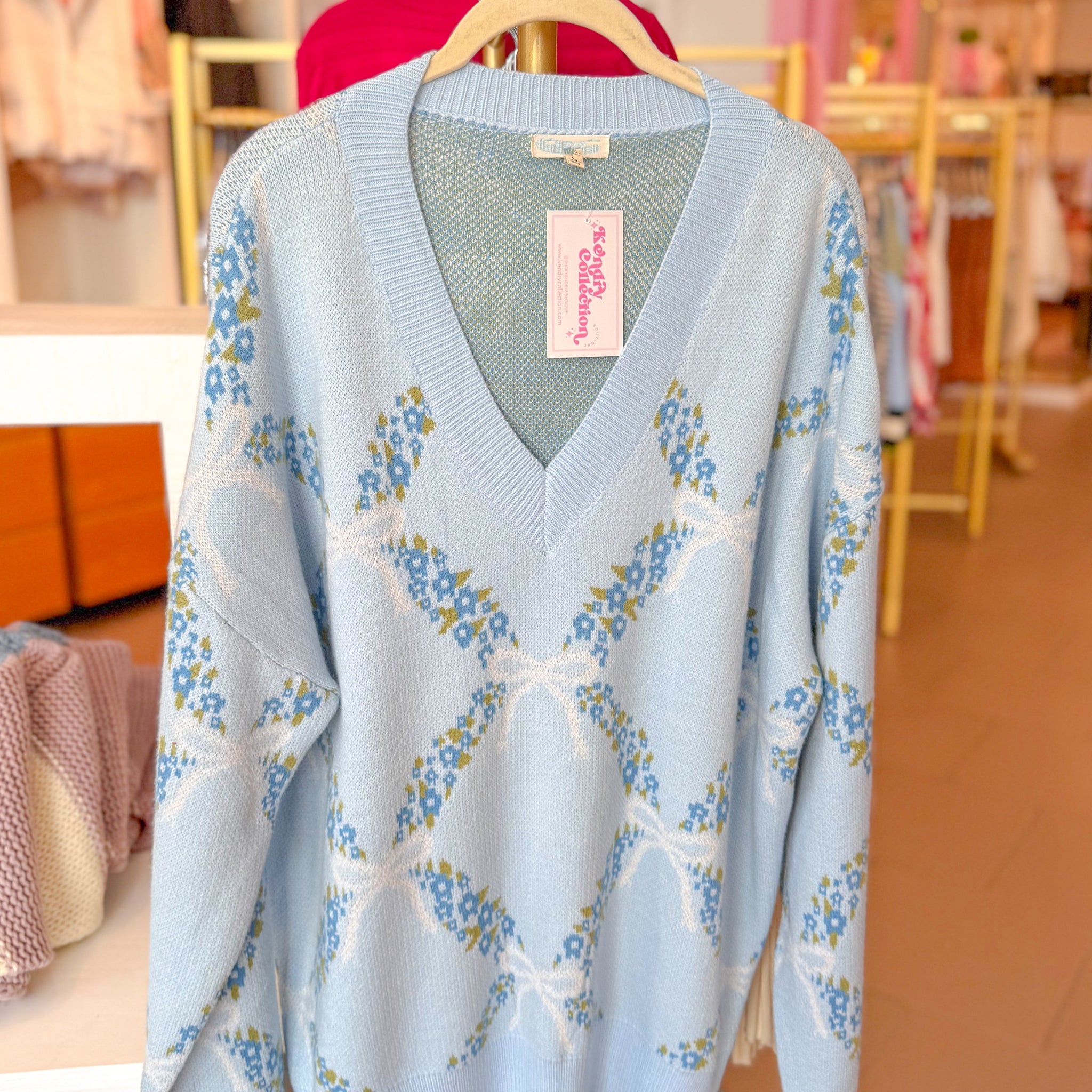 Blue Floral Coquette V-Neck Sweater