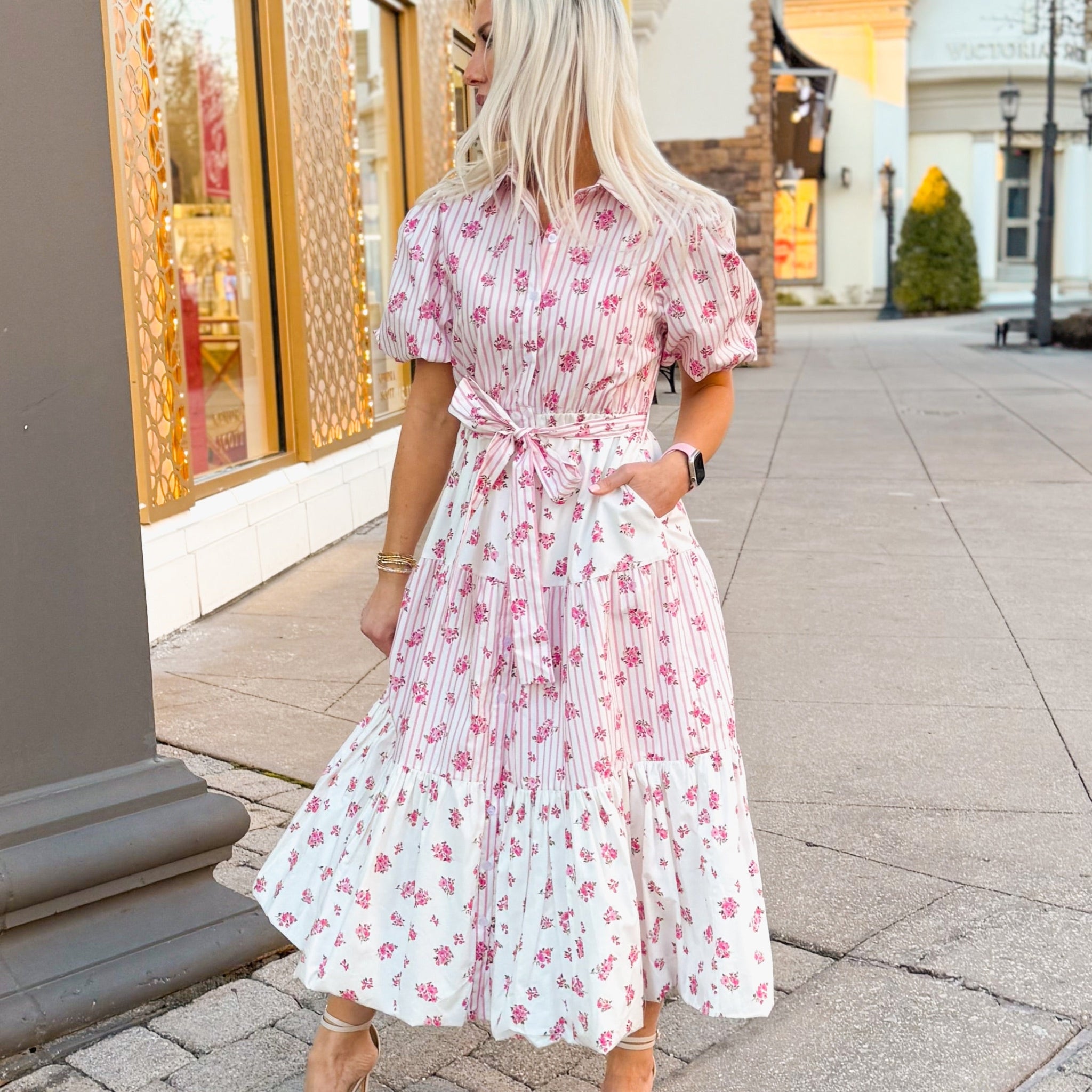 Pink Floral Print Puff Sleeve Midi Dress