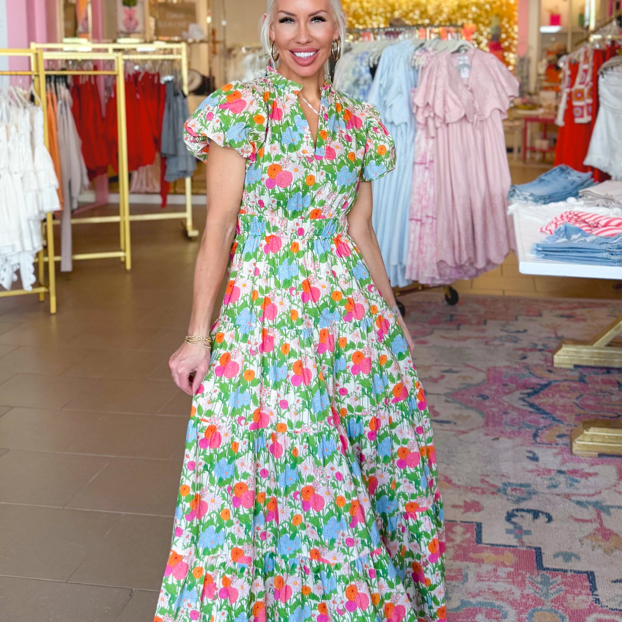 Multi Color Floral Puff Sleeve Maxi Dress