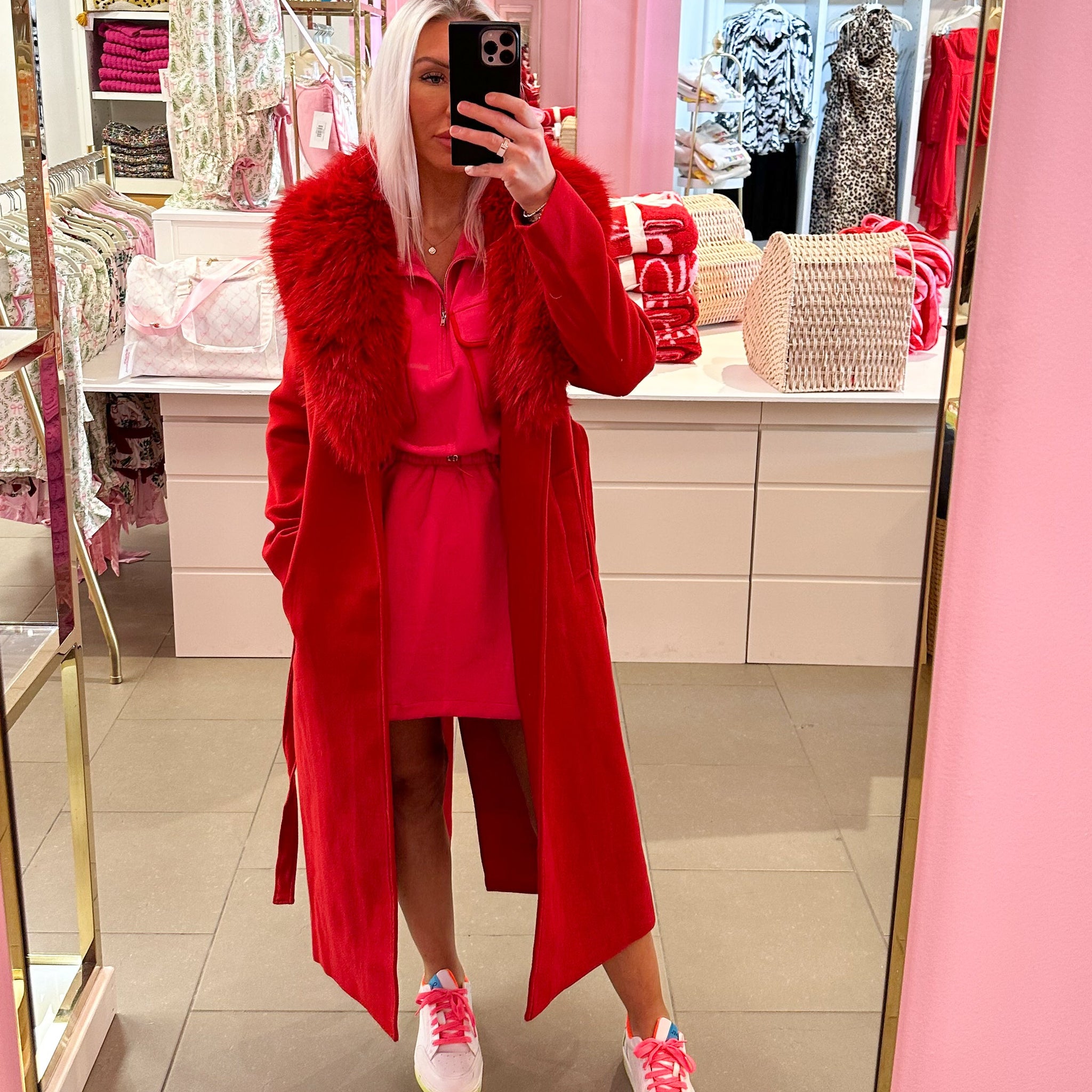 Red Faux Fur Collar Trench Coat