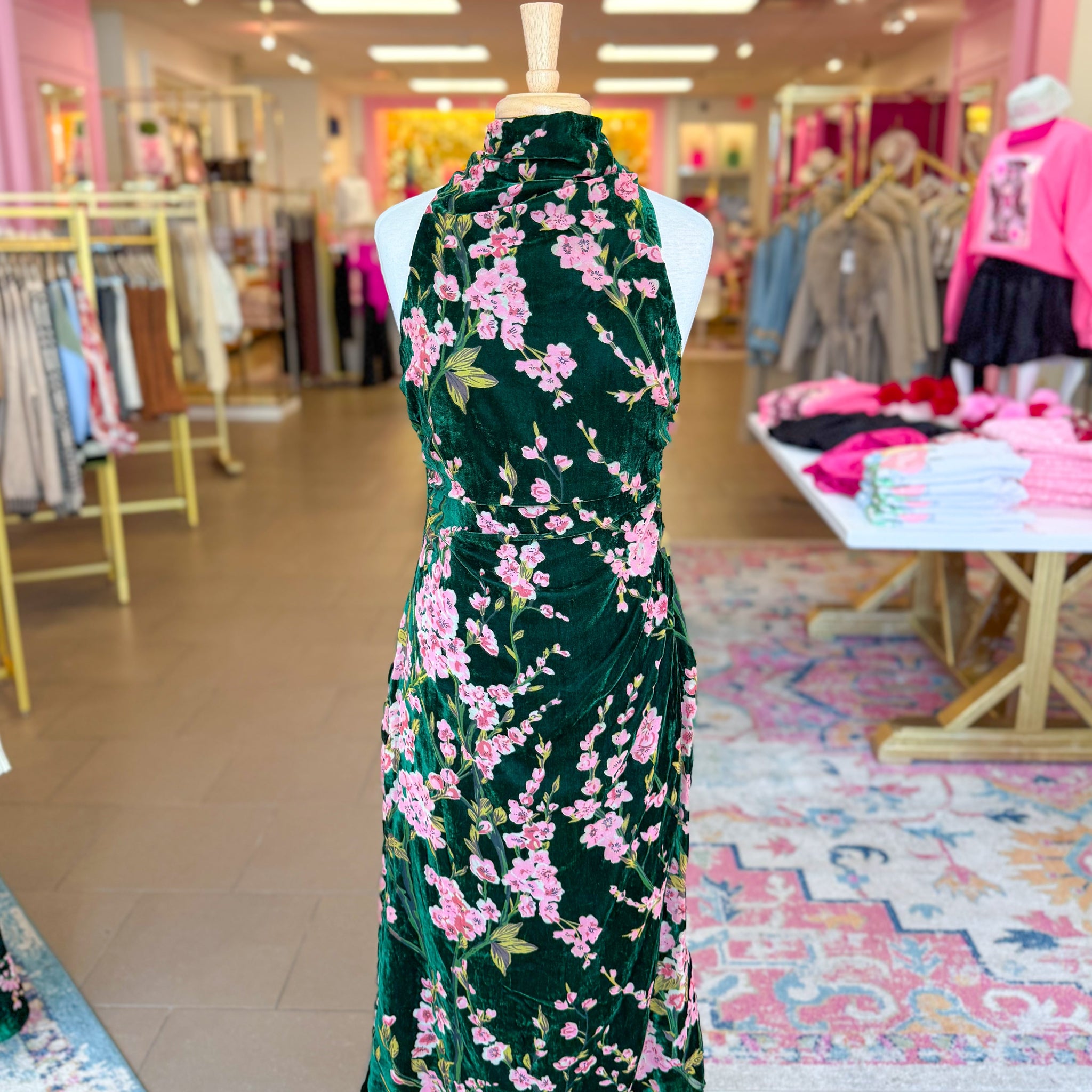 Green Velvet Floral Halter Neck Midi Dress